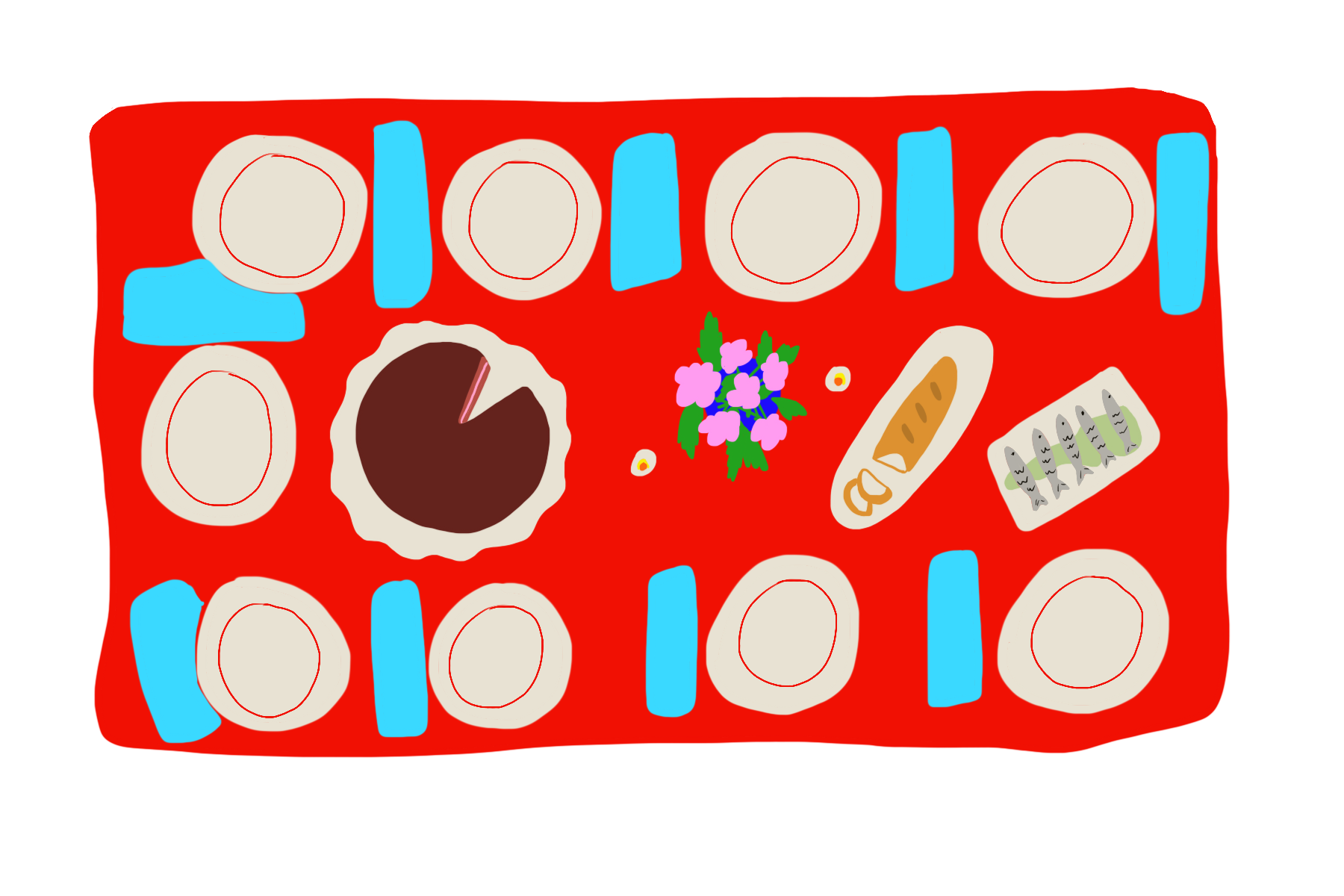 Illustration of a red picnic-style tablecloth set with plates, a pie, sardines, a baguette, flowers, and napkins