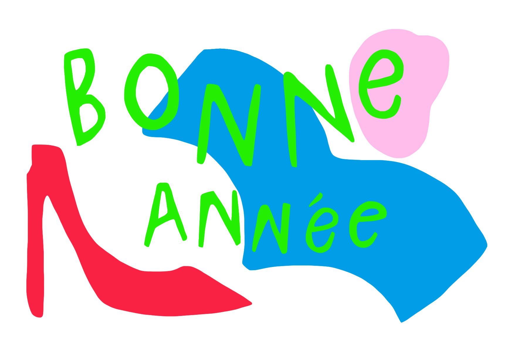 Colorful illustration reading 'Bonne Année' with a red high heel shoe