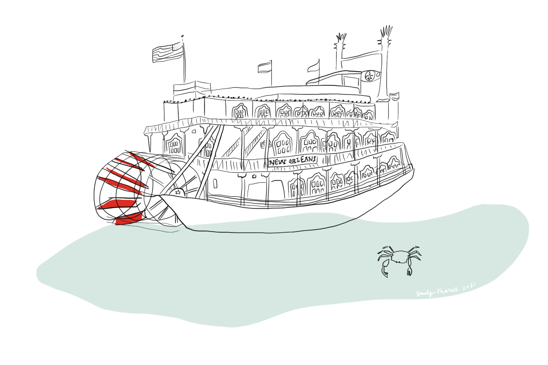 Line drawing illustration of a New Orleans paddlewheel steamboat with a small crab on the water below