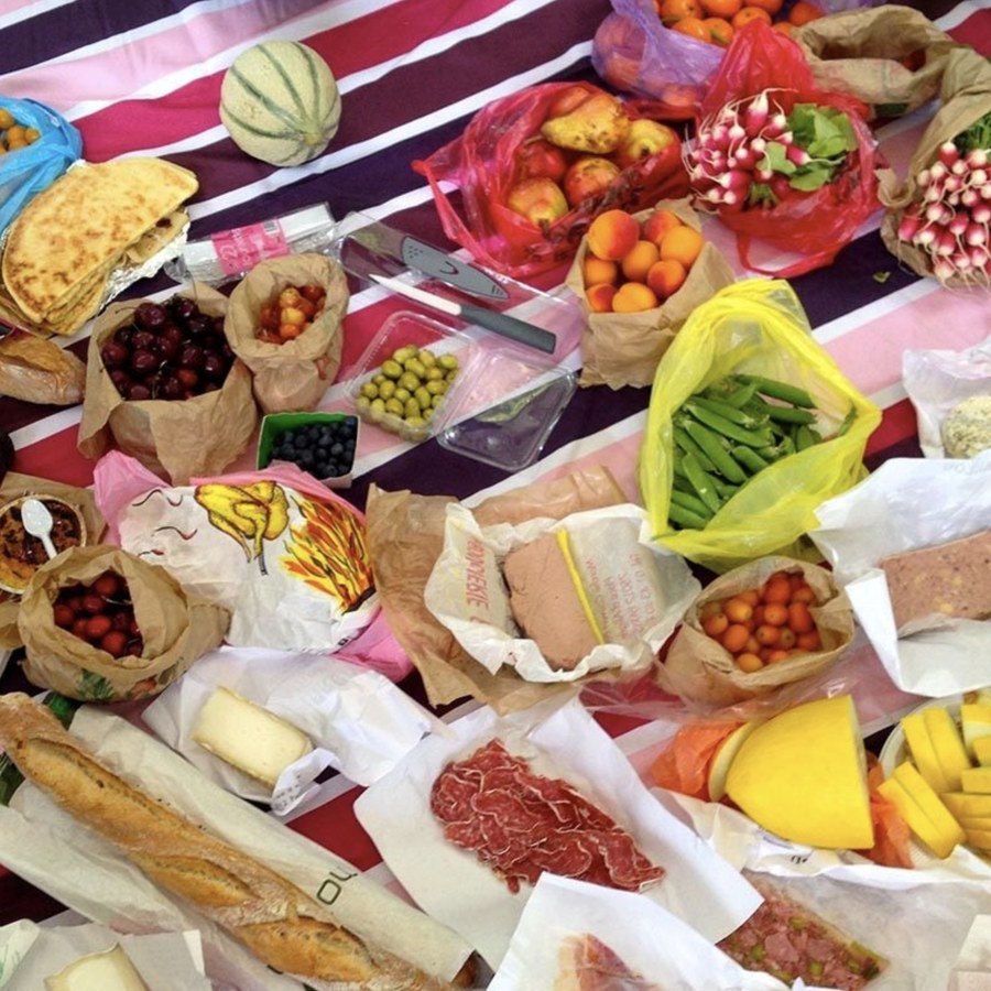 A picnic spread of French market produce and food