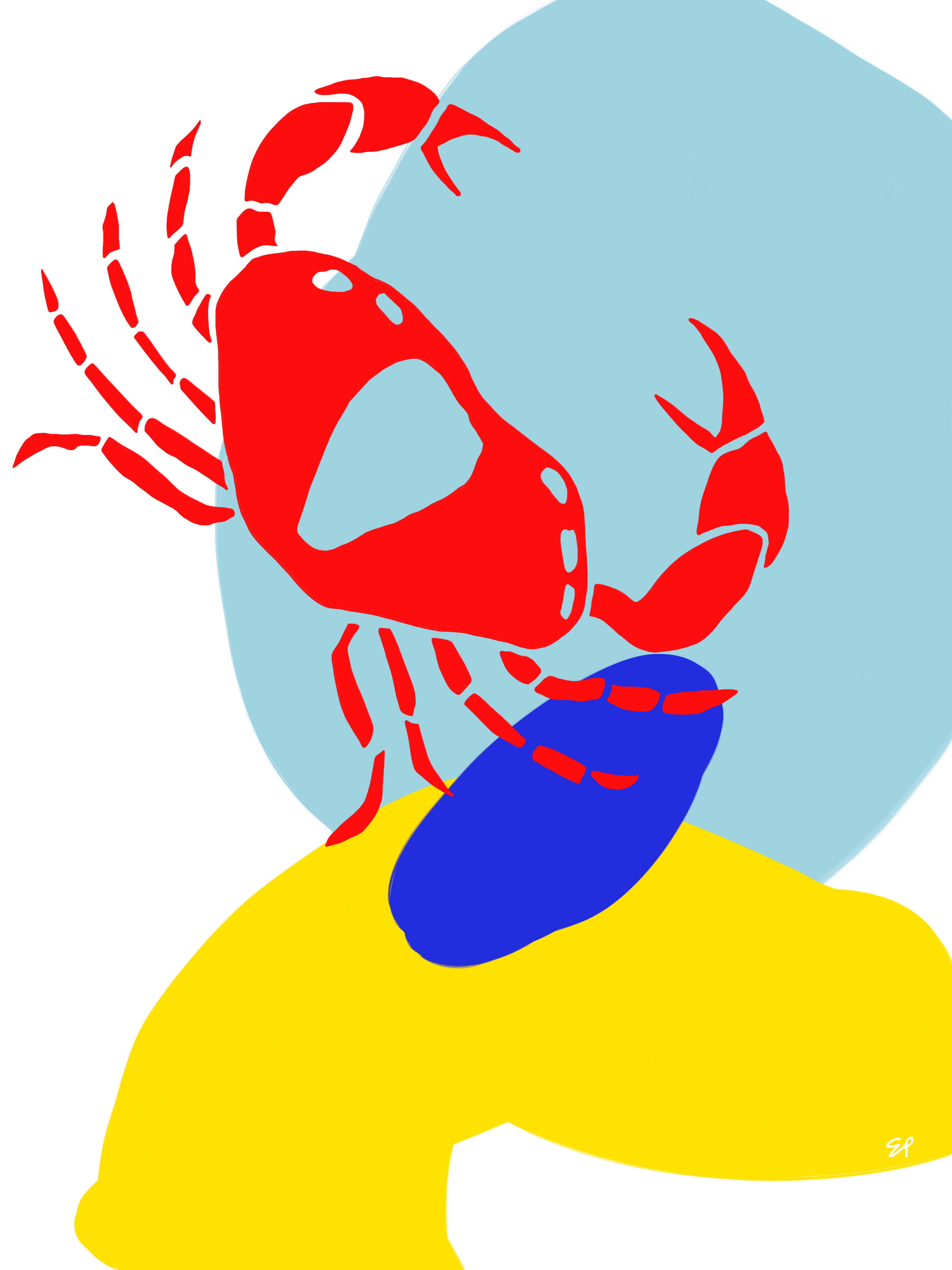 Colorful illustration of a red crab on a blue and yellow background