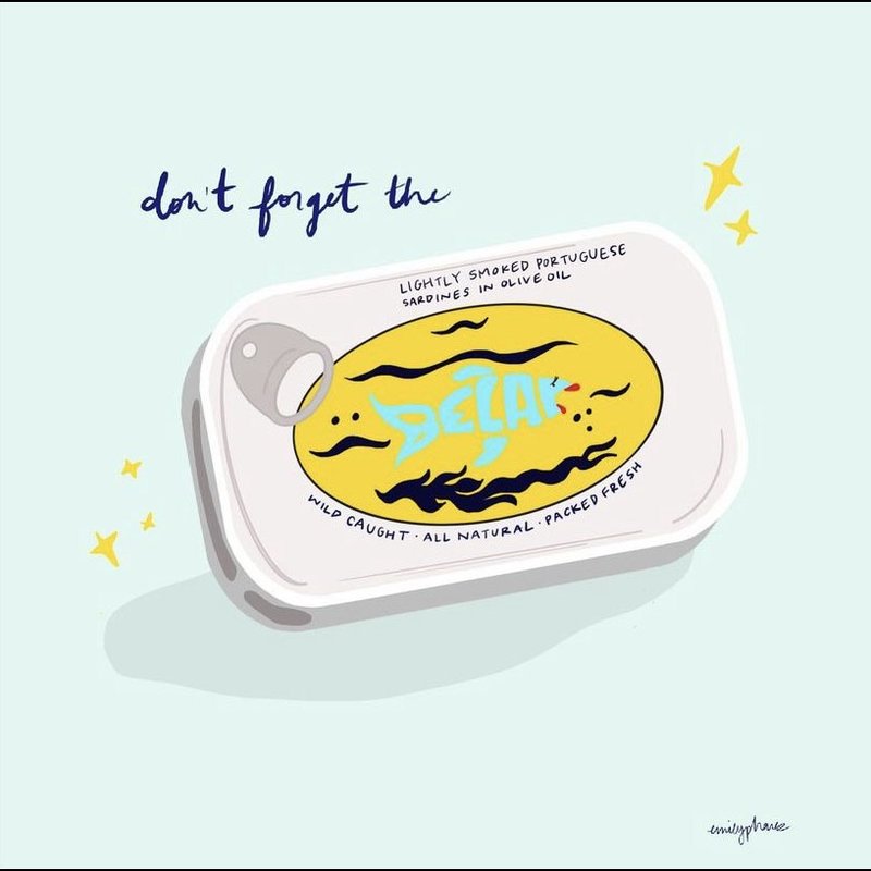 Illustration of a tin of sardines, 'don't forget the'