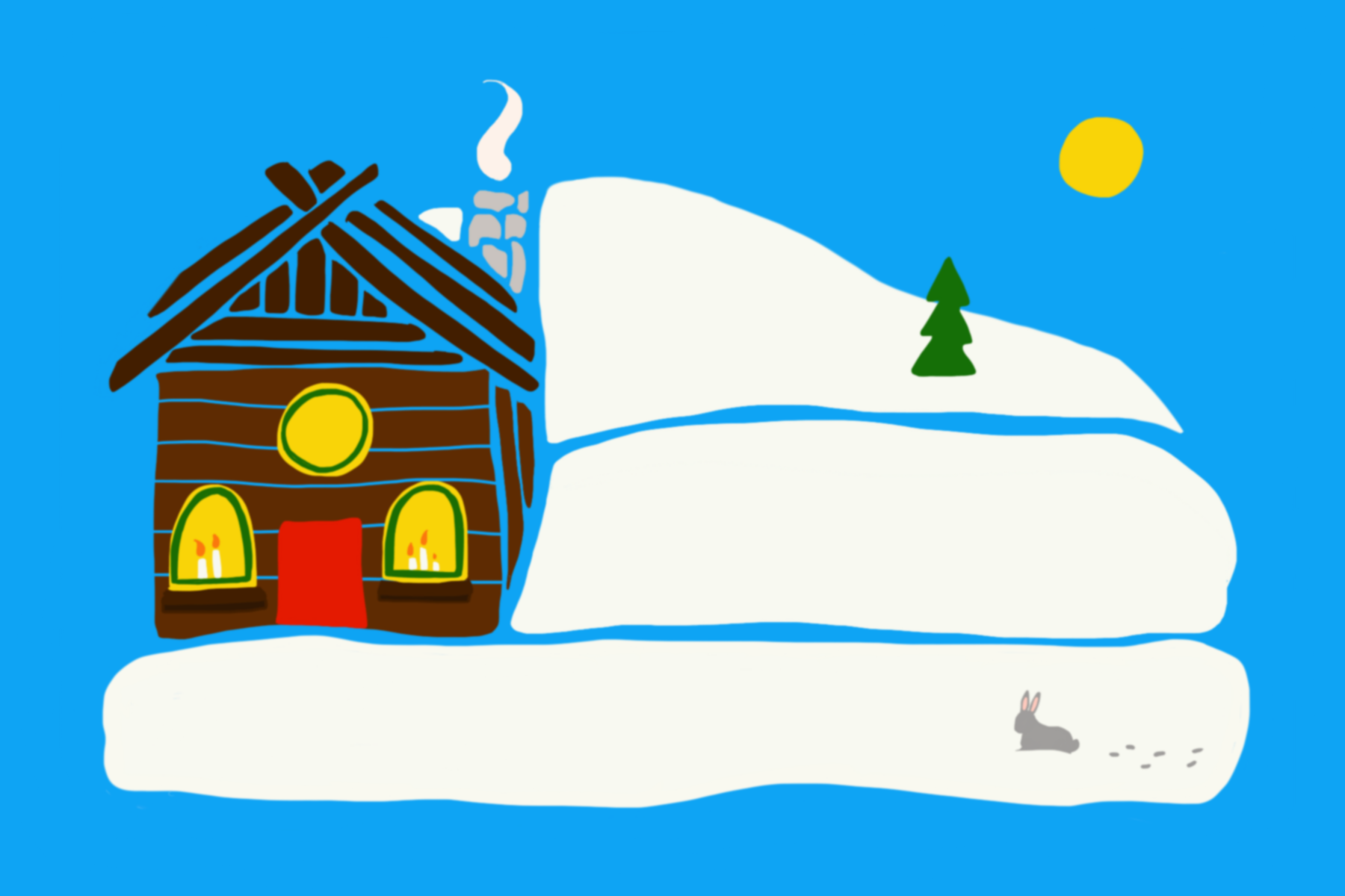 Illustration of a snowy log cabin at night, with a rabbit and pine tree in the snowdrifts outside
