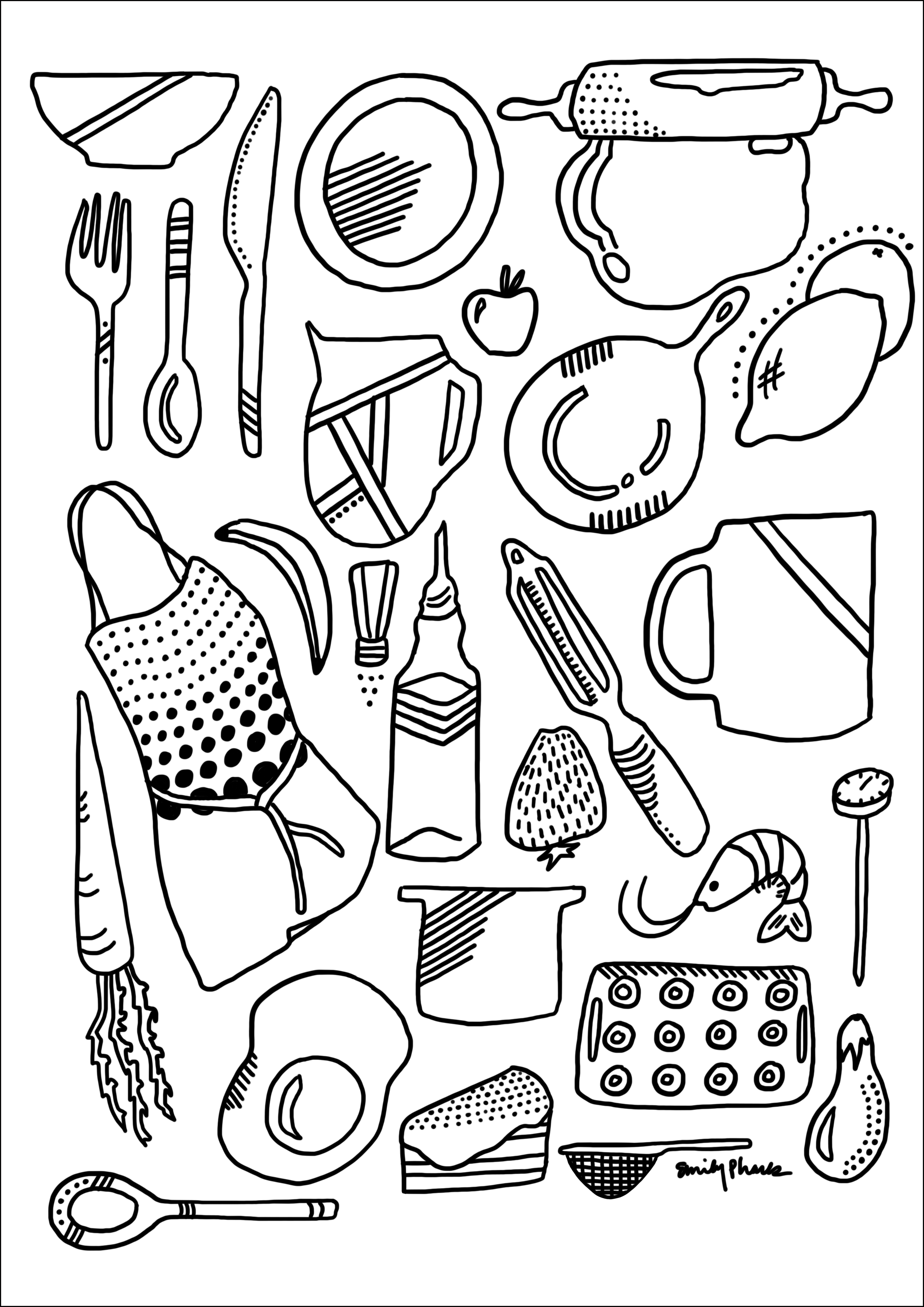 Illustrated guide to kitchen tools, cutlery, and cookware, line drawing