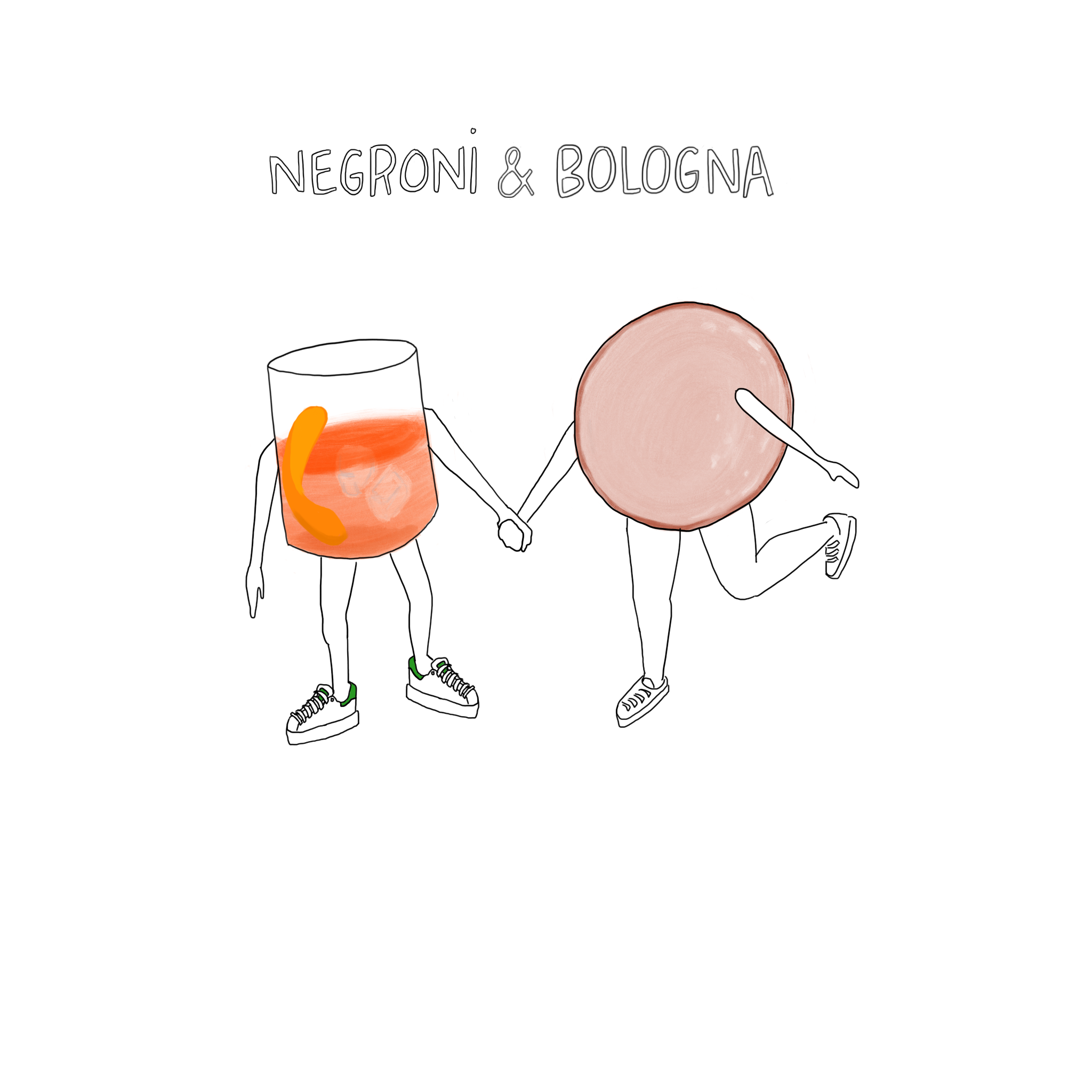 Illustration of a Negroni cocktail and a slice of bologna holding hands, titled 'Negroni & Bologna'