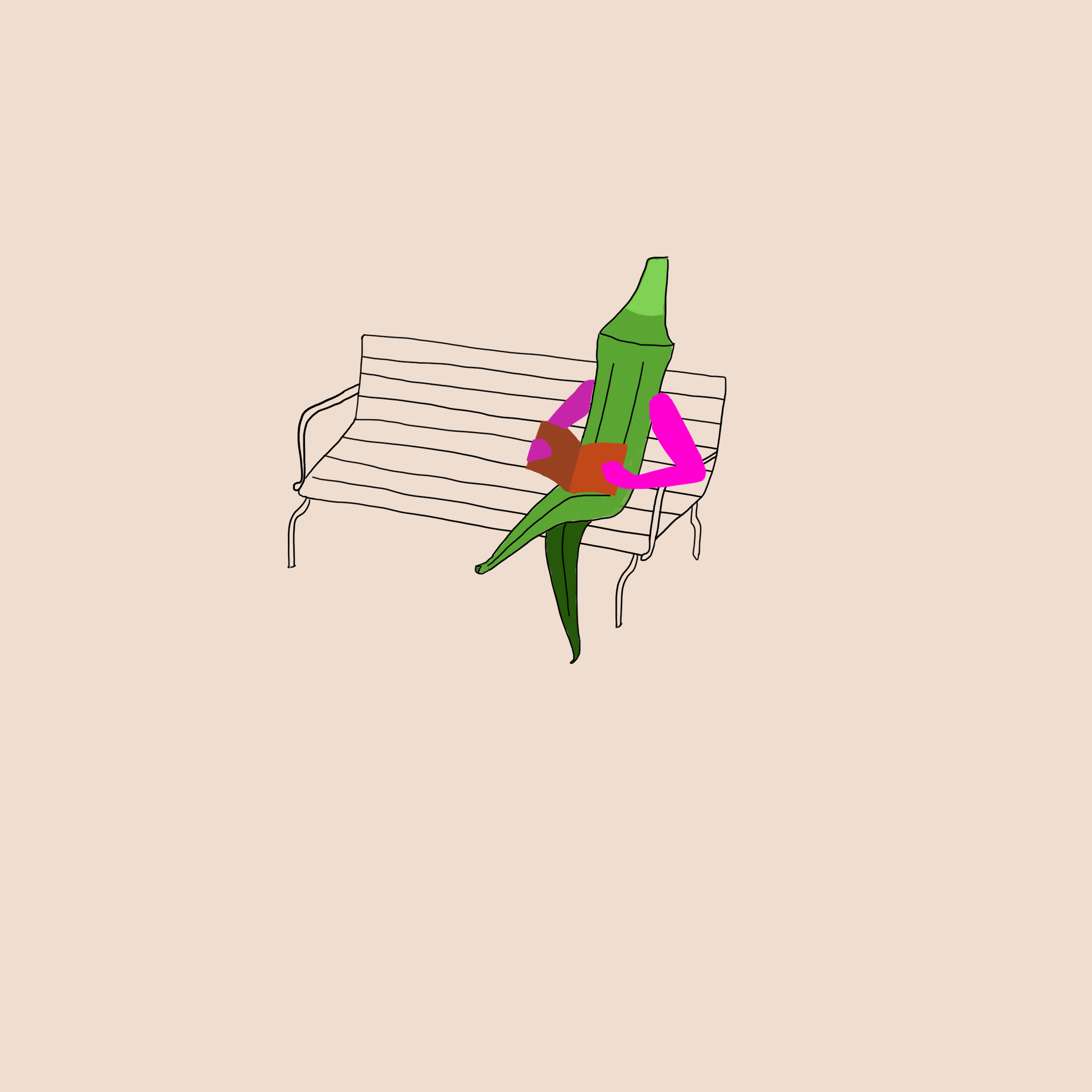 Illustration of an anthropomorphic okra sitting on a park bench reading a book