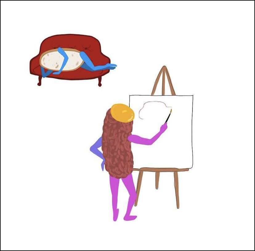 Illustration of a sandwich resting on a couch and a sandwich painting at an easel
